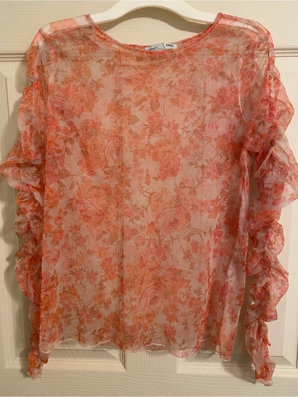 Zara Peach Floral Sheer Ruffle Sleeve Blouse